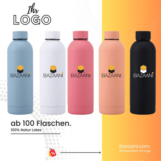 100 Edelstahl Thermo Trinkflaschen mit Logo 600ml | Bedruckte Werbeartikel