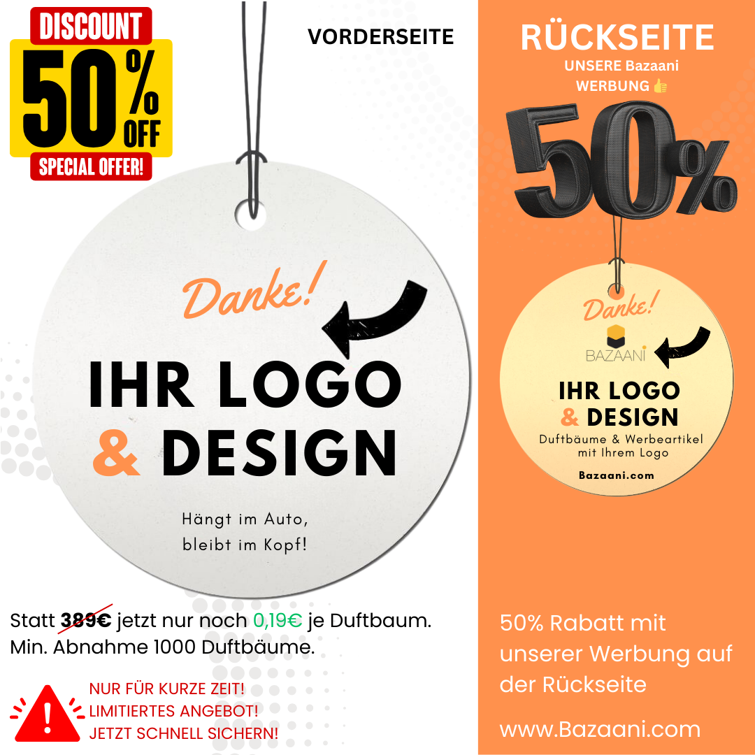 50% Rabatt durch Kooperation | Vorderseite Ihr Logo & Rückseite unser Logo 1000 Duftbäume